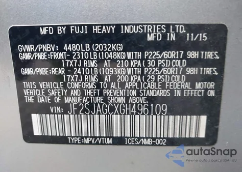 2016 Subaru Forester 2.5I Premium z USA, uszkodzony, nr VIN JF2SJAGCXGH496109